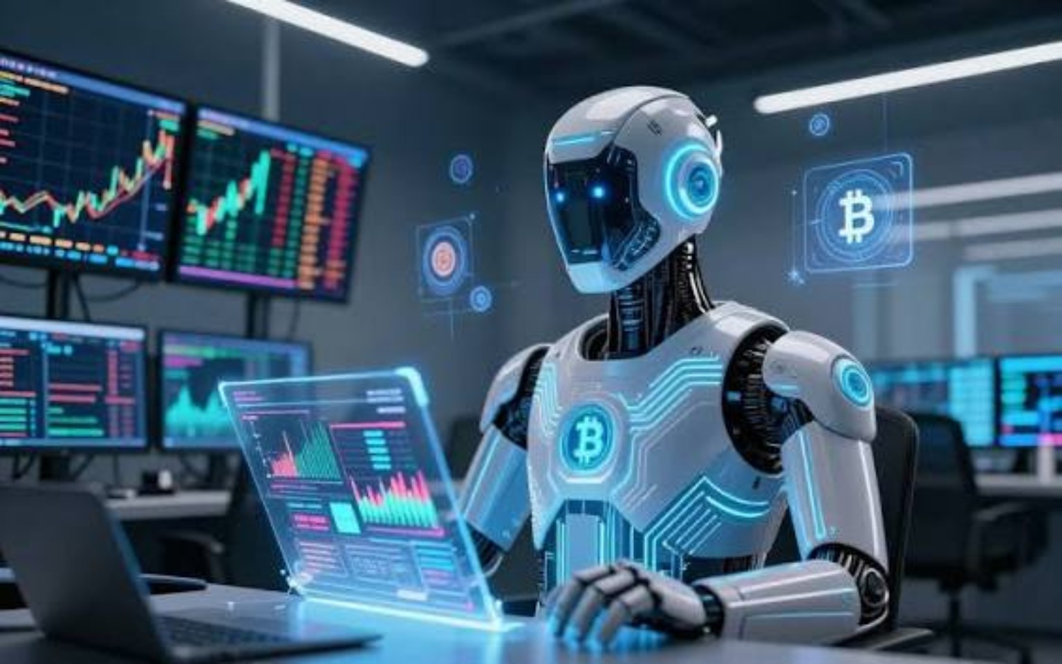 Trading robot in front of market charts